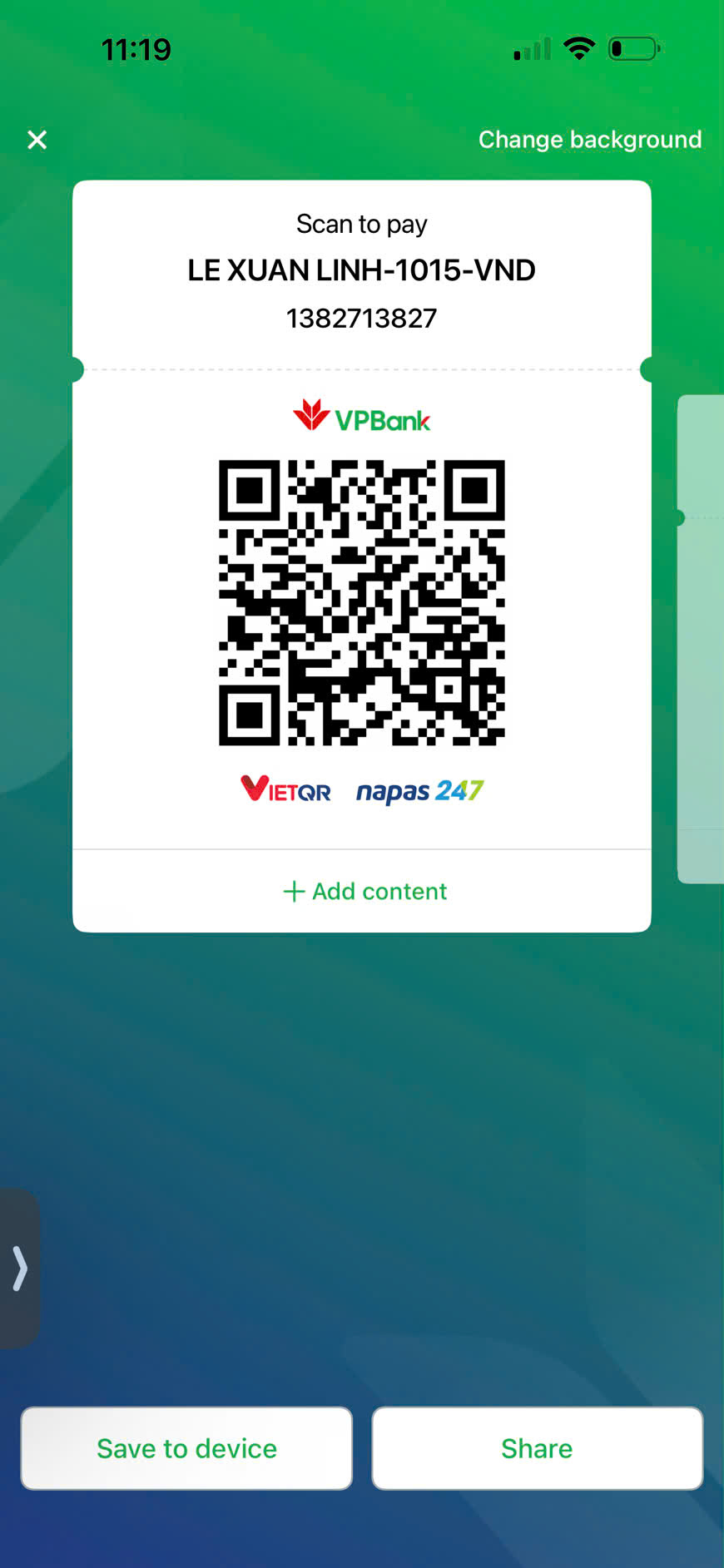 QR chuyển khoản VPBank Lê Xuân Linh